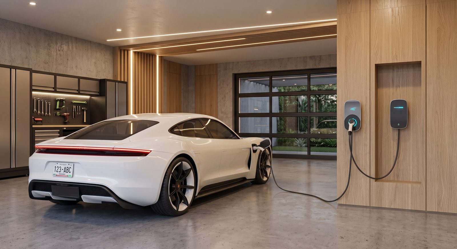 Auto eléctrico blanco cargando con un cargador de pared dentro de una cochera moderna