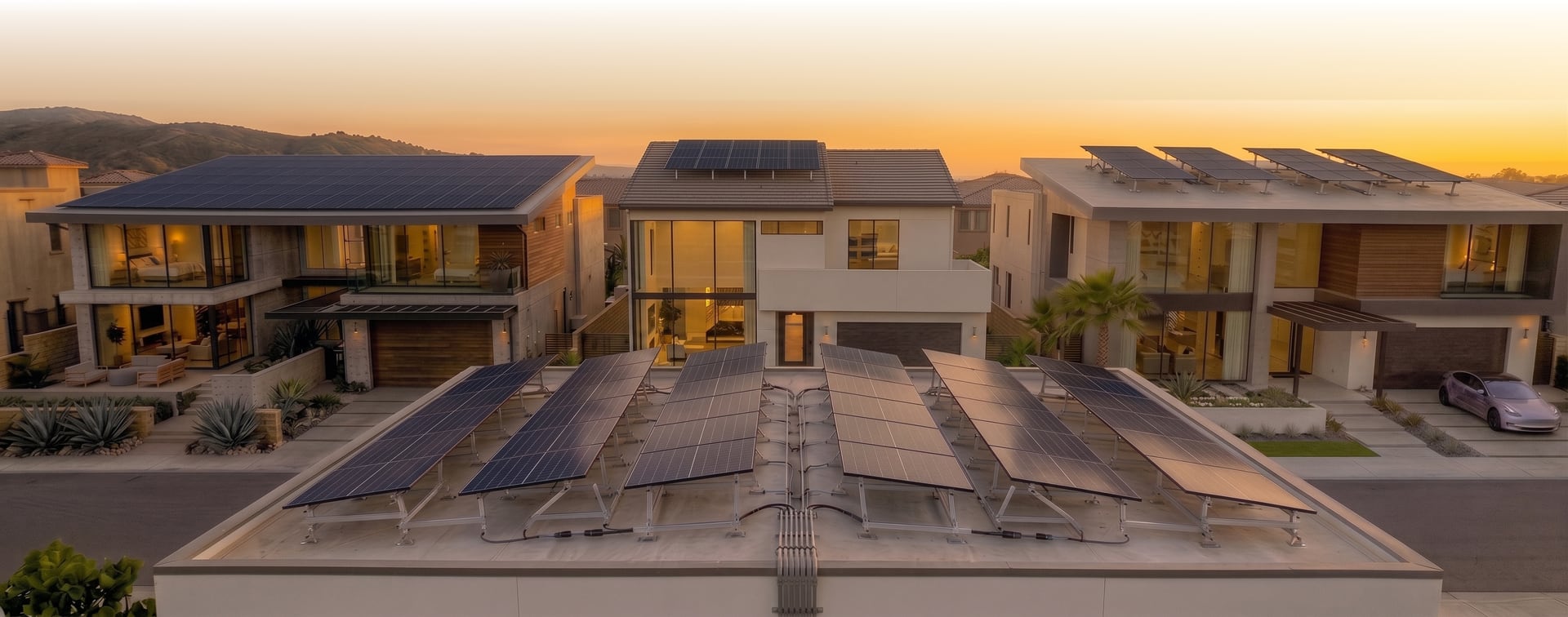Casas con paneles solares en sus techos, vistas desde el aire al atardecer