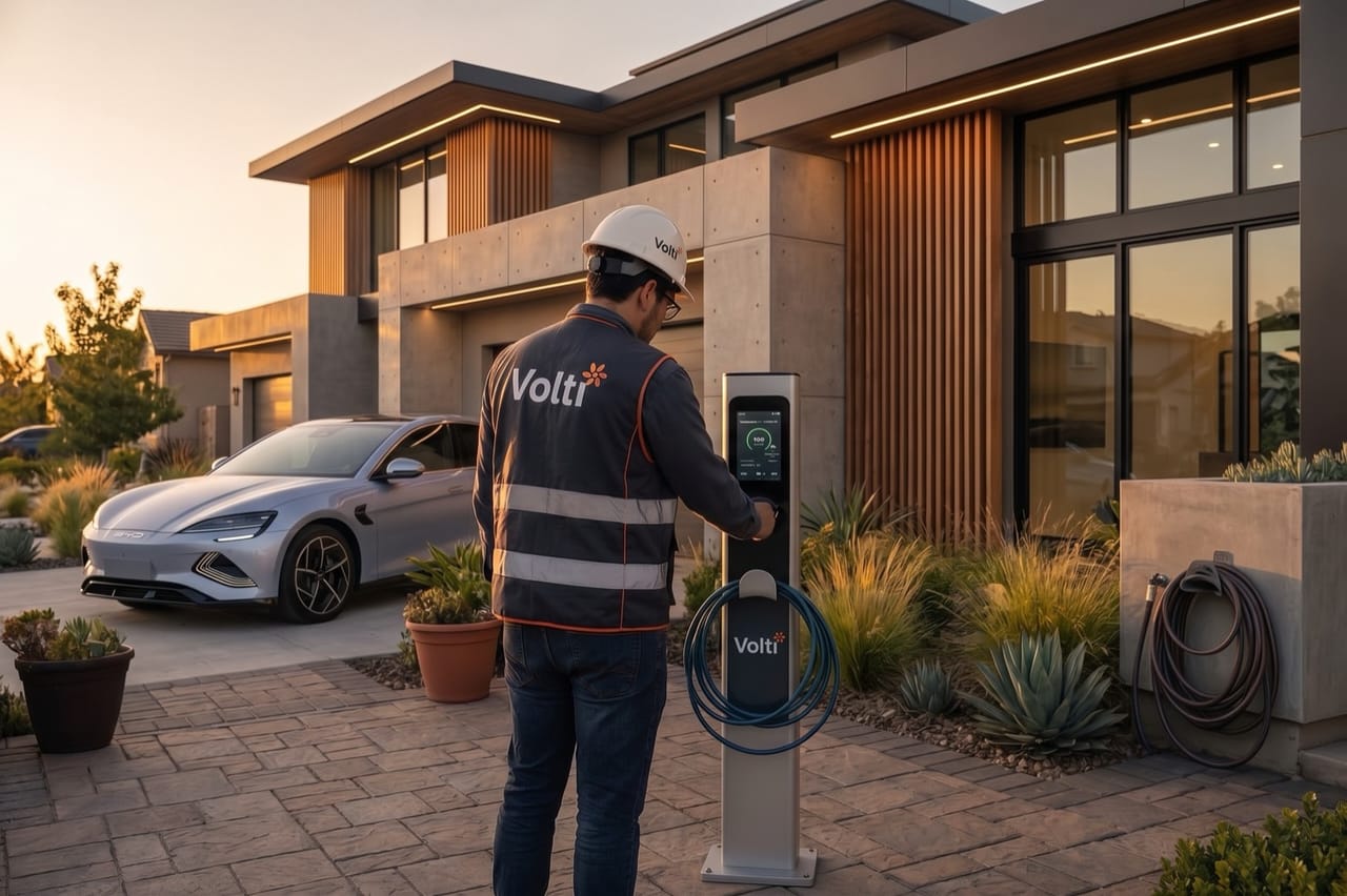 Ilustración: técnico con chaleco de Volti activando un cargador de auto eléctrico frente a una casa moderna