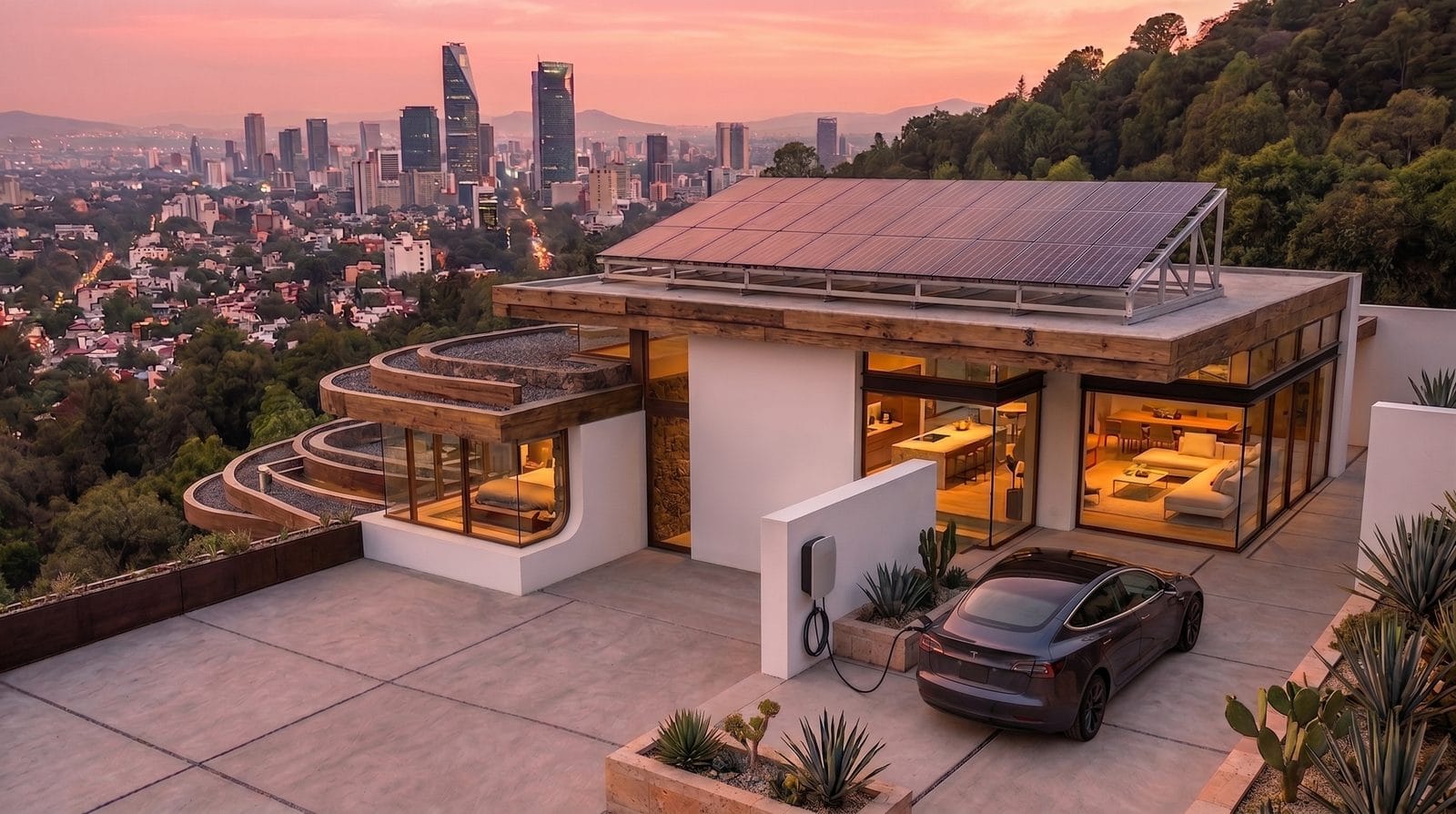 Casa moderna con paneles solares en el techo y un auto eléctrico cargando, con la Ciudad de México al fondo