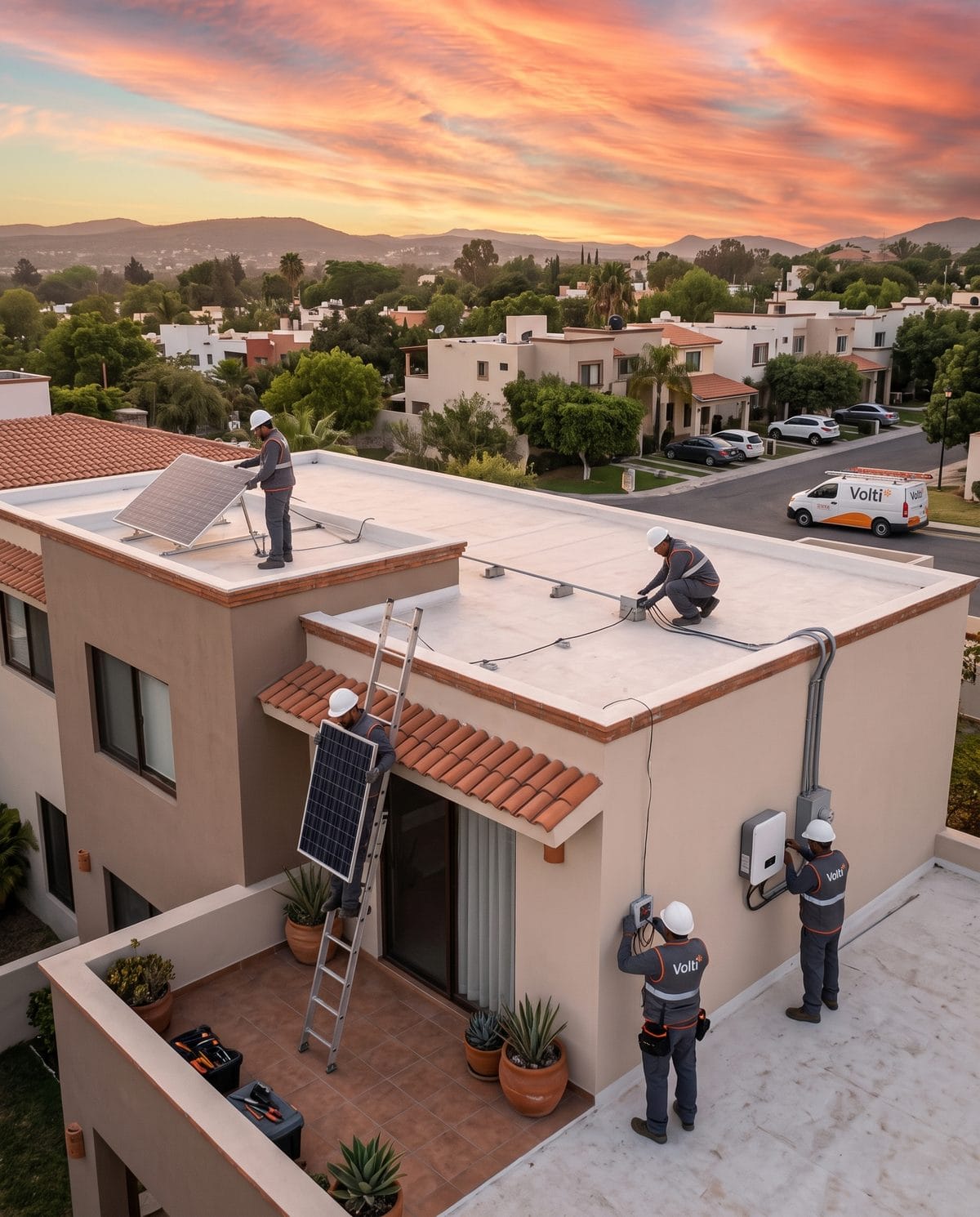 Cuadrillas de técnicos con chalecos de Volti instalando paneles solares y un inversor en una casa al atardecer, con su camioneta en la calle