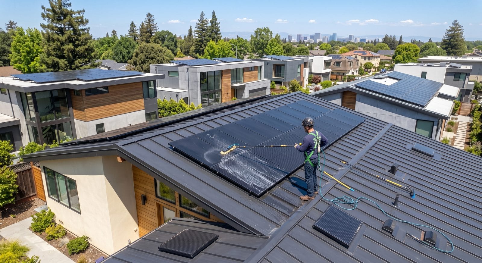 Técnico con arnés limpiando paneles solares con un cepillo de extensión sobre un techo
