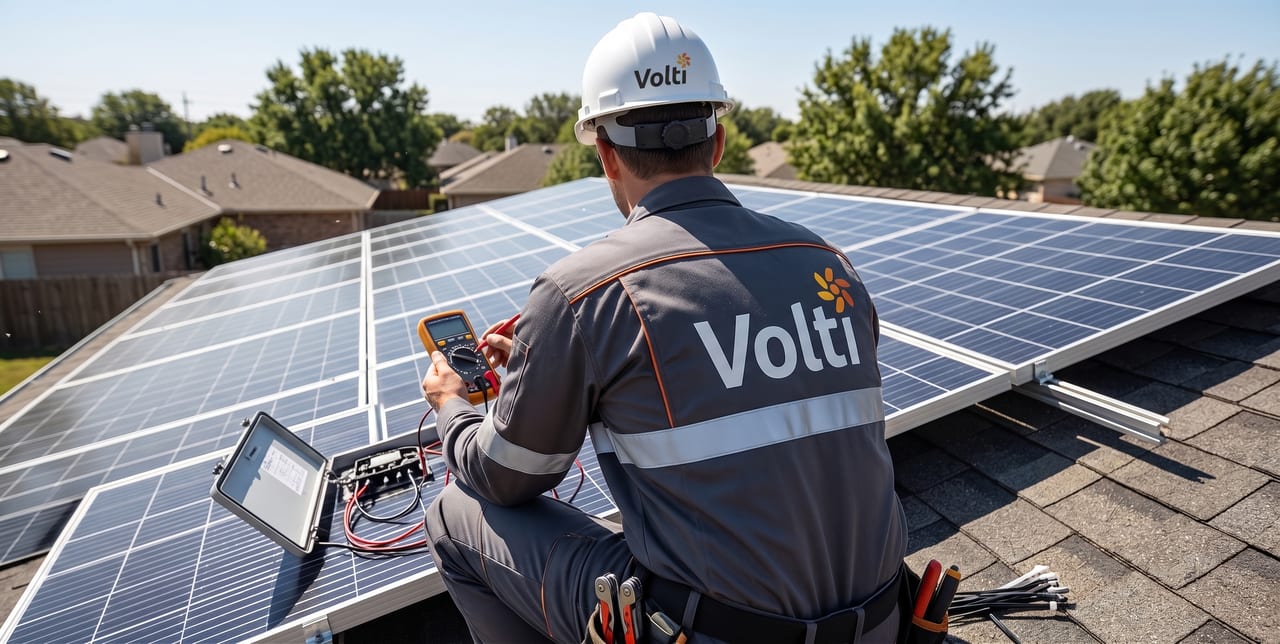 Técnico revisando las conexiones de un panel solar con un multímetro
