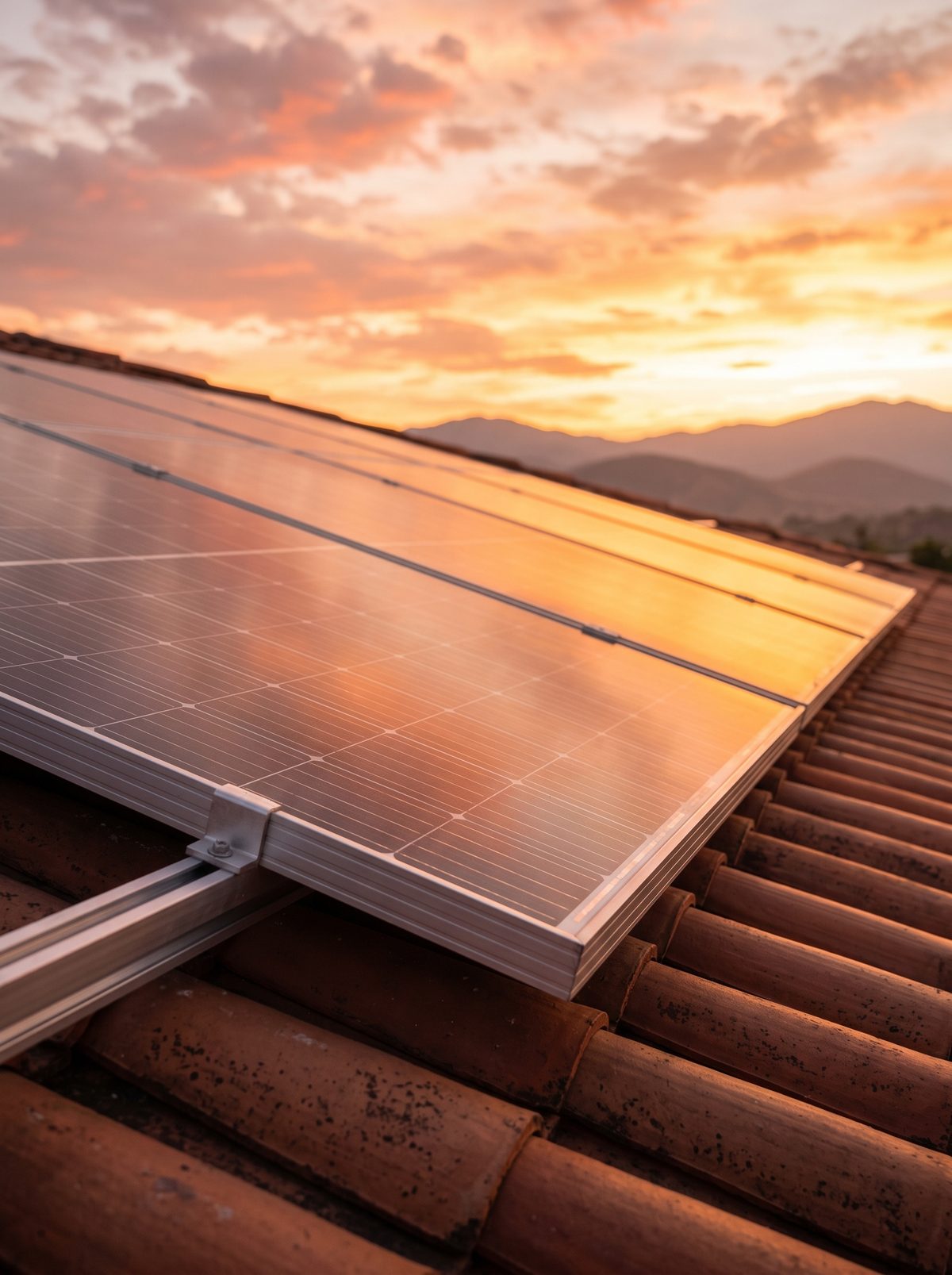 Panel solar sobre un techo de teja reflejando el atardecer, con montañas al fondo