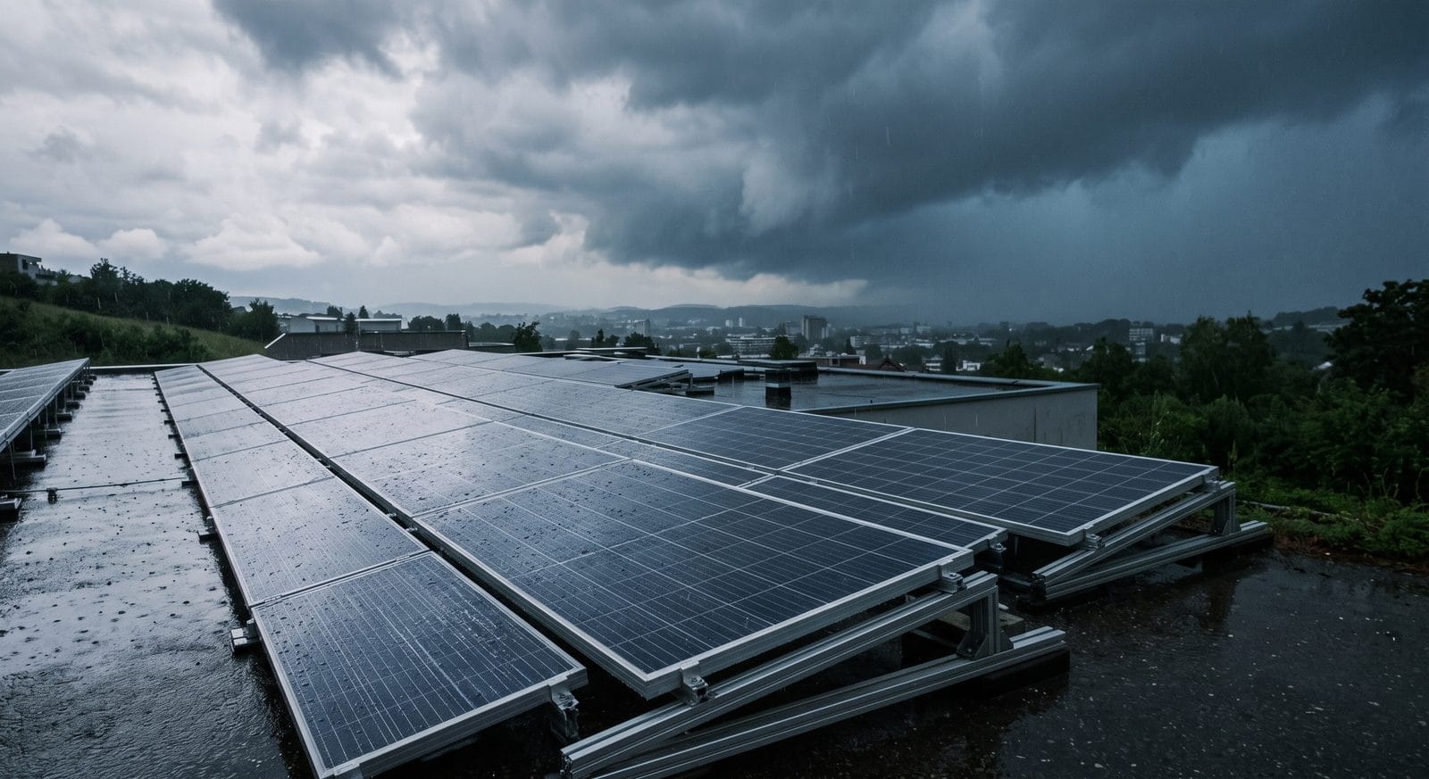 Paneles solares mojados por la lluvia en una azotea, bajo un cielo de tormenta