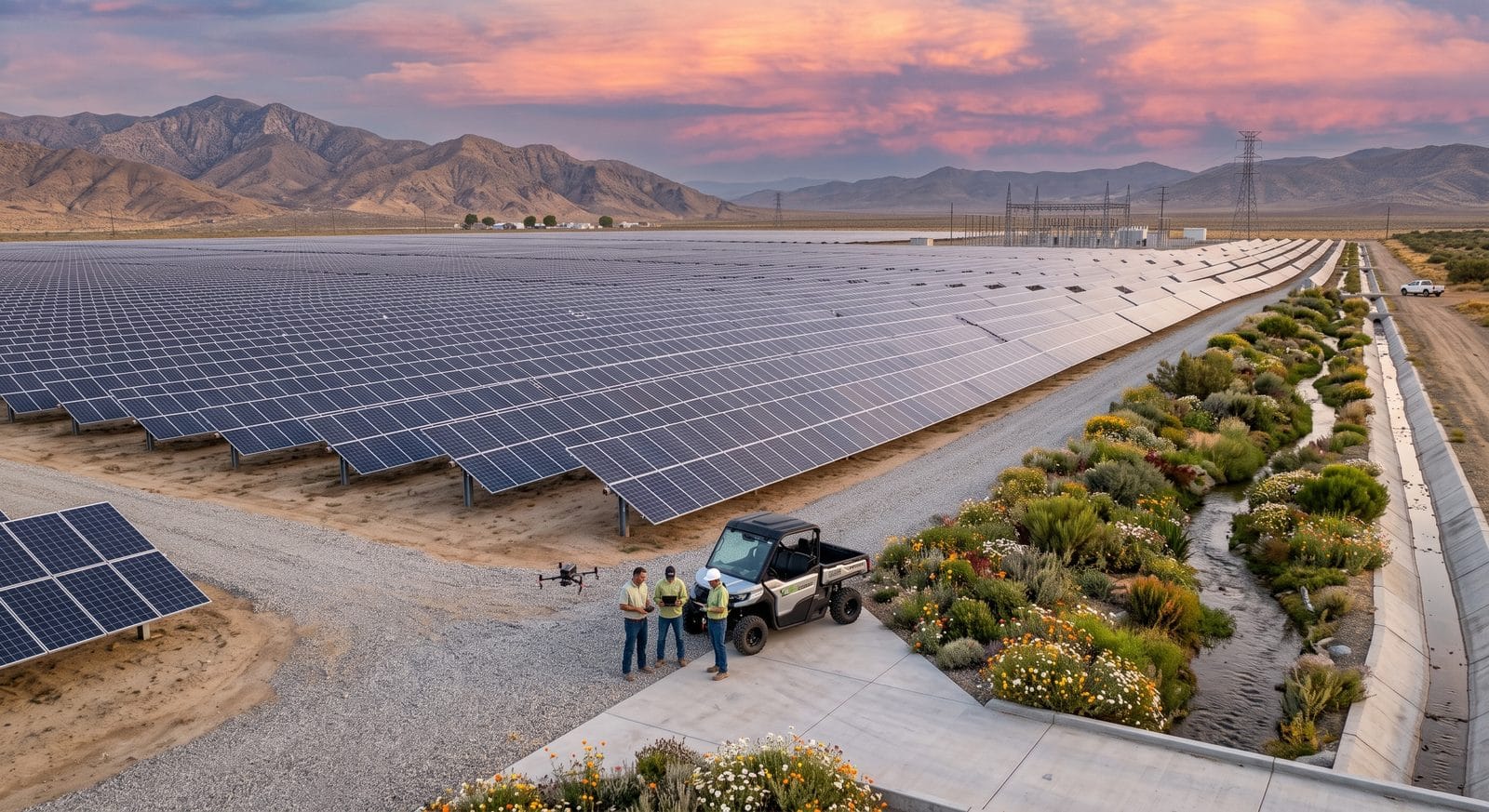 Parque solar al atardecer con vegetación y flores creciendo junto a las filas de paneles