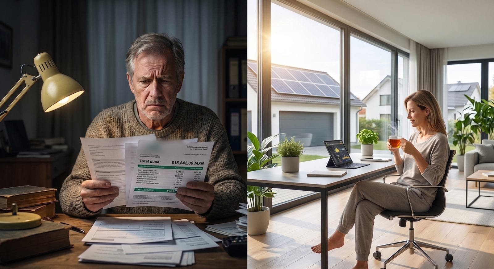 Comparación: una persona preocupada revisa un recibo de luz alto en un cuarto oscuro; otra descansa tranquila en una casa luminosa con paneles solares en el techo vecino