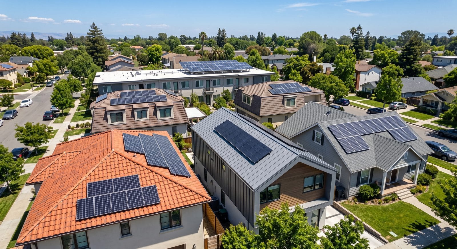 Vista aérea de un vecindario donde varias casas con techos distintos — teja, plano, lámina y dos aguas — tienen paneles solares